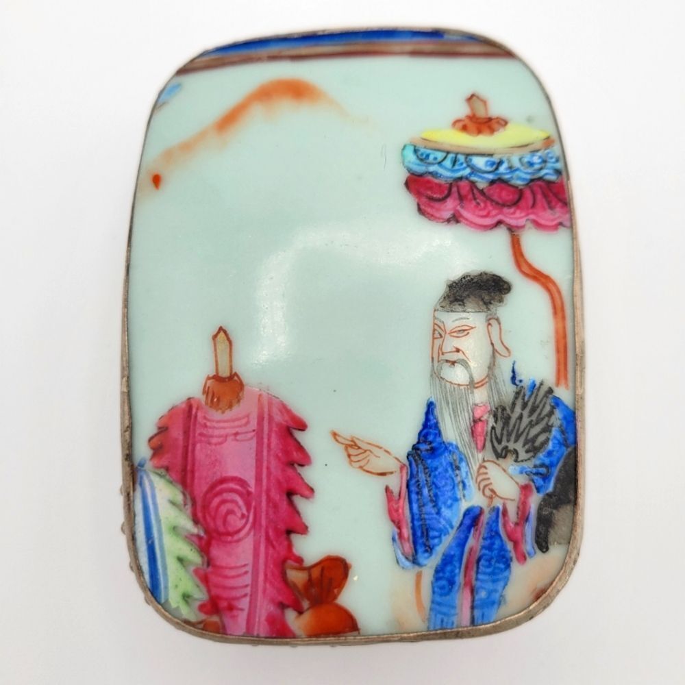 Vintage Metal and Porcelain trinket box with hand painted Asian Japanese scene